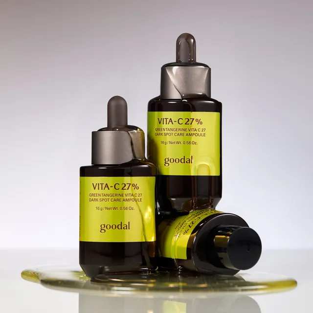 GOODAL Green Tangerine Vita C27 Dark Spot Care Ampoule 16g - three bottles lifestyle shot