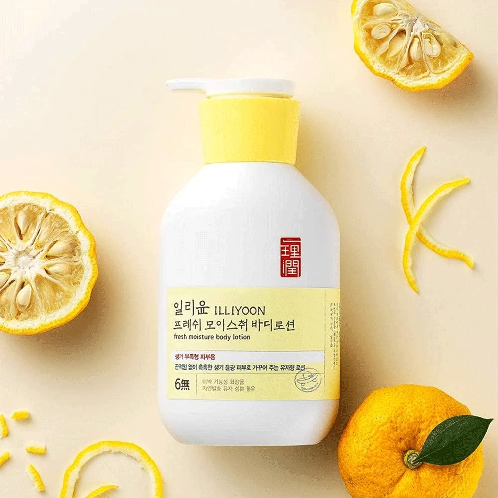 ILLIYOON Fresh Moisture Body Lotion 350ml - flat lay with yuzu